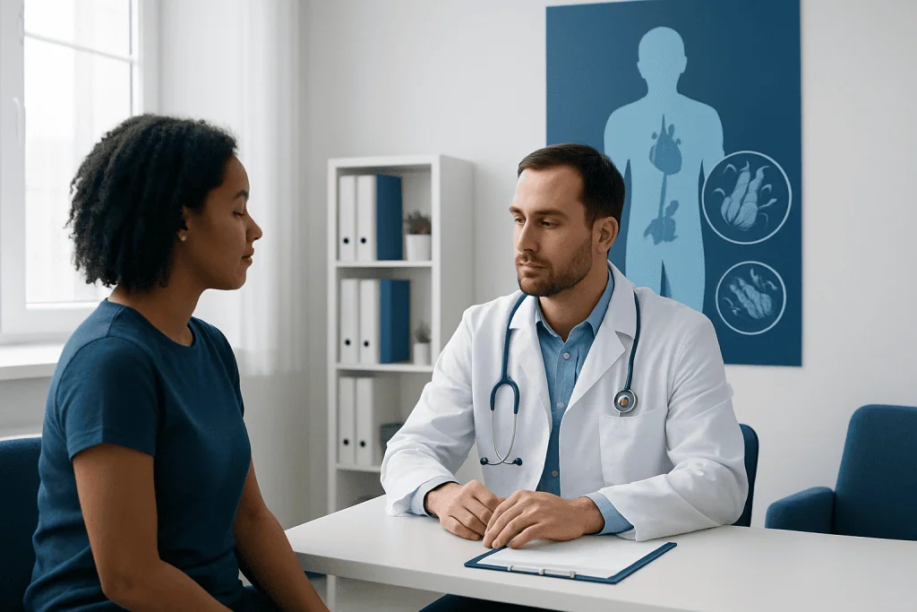 Doctor consulting a patient about Chagas disease symptoms and diagnosis.