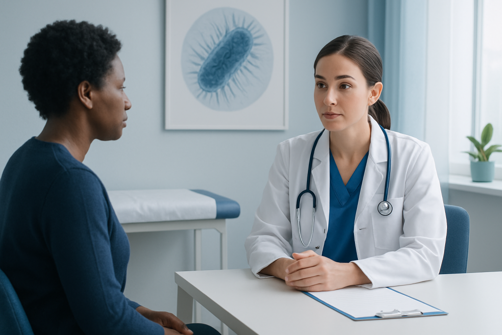 Doctor consulting patient about bacterial infection in a clinical setting.