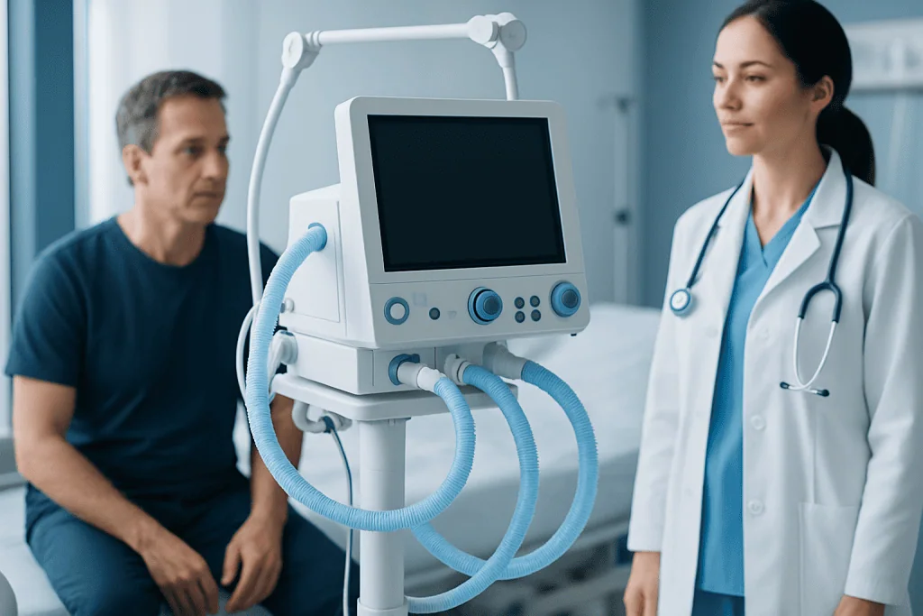 Doctor and patient in hospital with medical ventilator equipment.