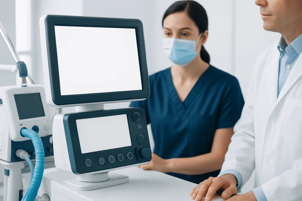 Medical professionals using ventilator equipment in a hospital setting.