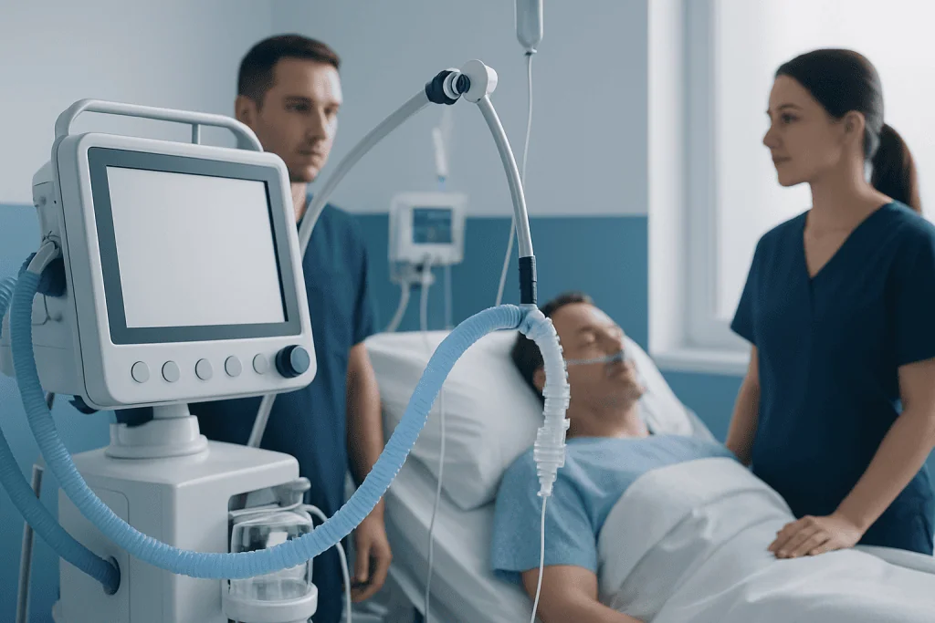 Hospital room with patient on ventilator and medical staff attending.