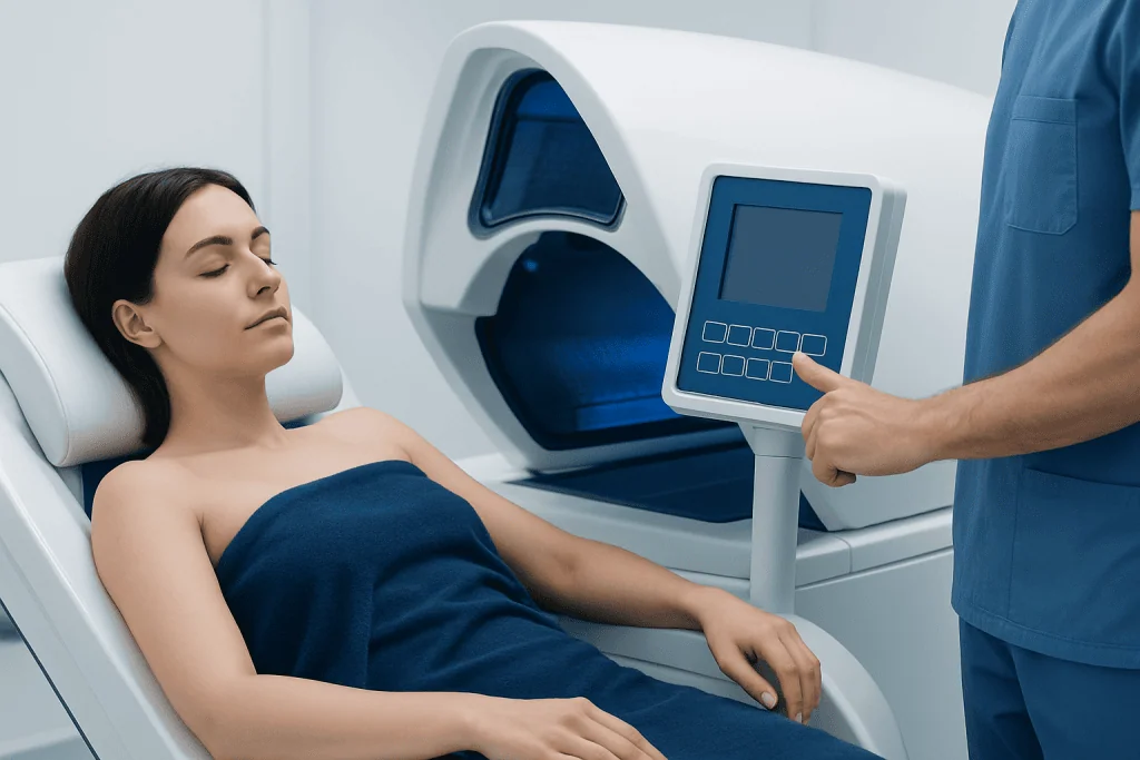 Patient undergoing infrared therapy in a medical facility.