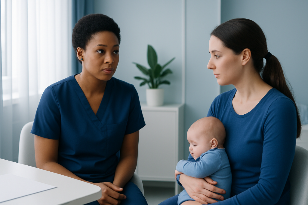 Pediatric consultation with a healthcare professional and mother holding a baby.