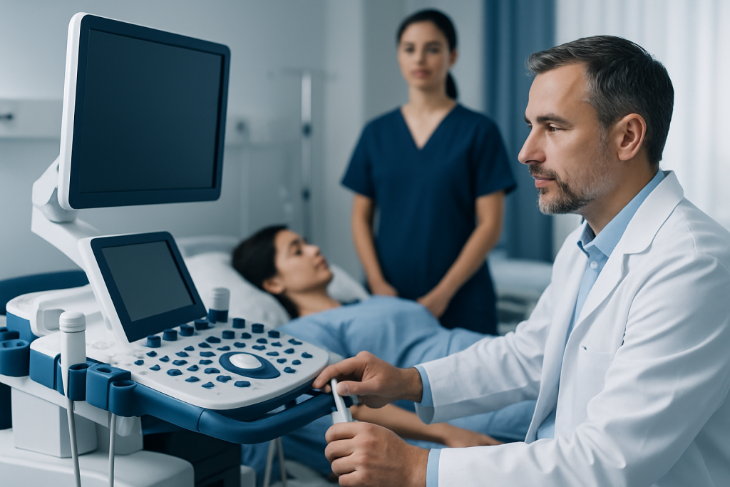 Doctor performing an ultrasound examination on a patient in a hospital room.