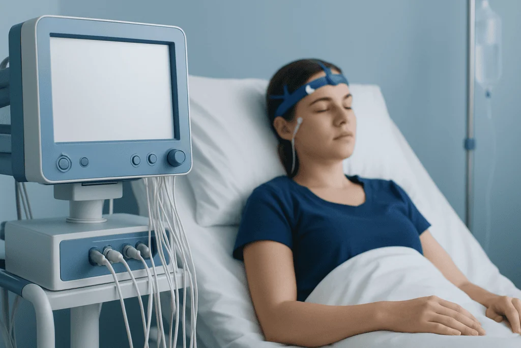 Young woman in hospital bed connected to medical monitoring equipment.