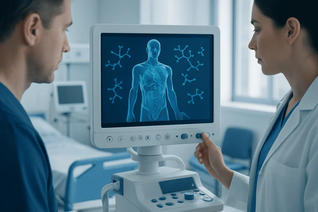 Medical professionals examining a human body scan on a monitor in a hospital.