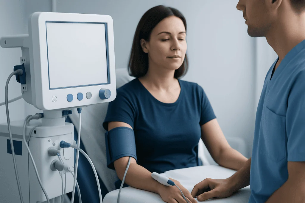 Patient undergoing medical examination with monitor and healthcare professional.