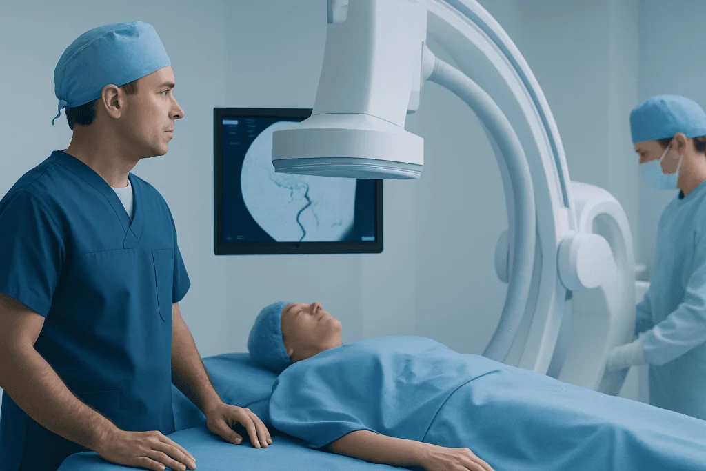 Interventional neuroradiology procedure in a hospital setting with medical team.