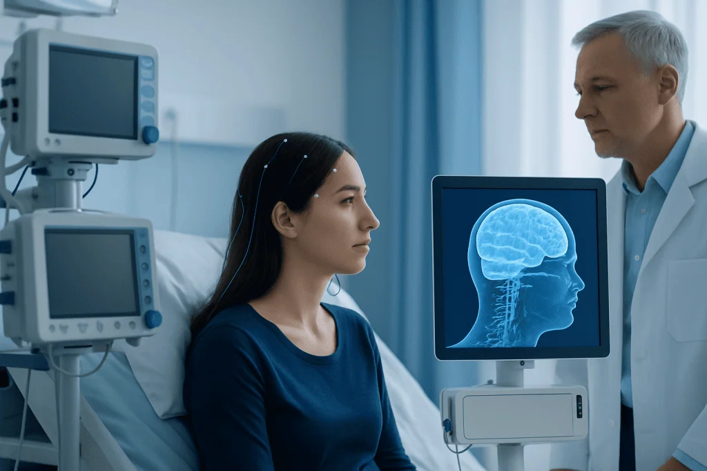 Doctor explaining brain scan to patient in hospital room.