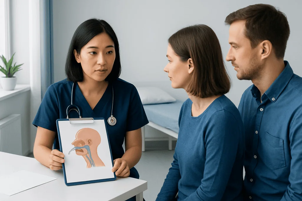 Medical professional explains intubation to a patient and partner in a clinical setting.