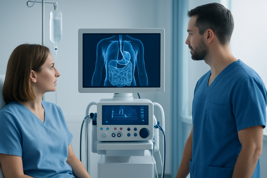 Medical professionals reviewing a colon scan on a monitor in a hospital setting.