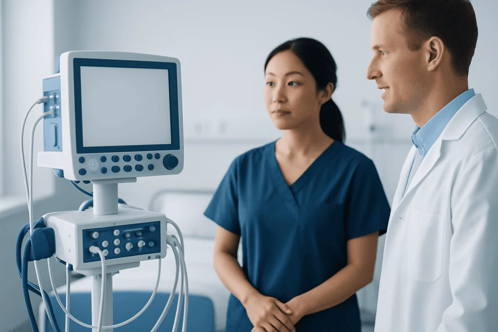 Medical professionals using a monitor in a hospital setting.