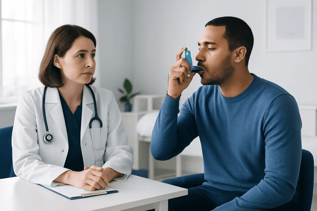 Doctor explains inhaler use to patient in a medical consultation.
