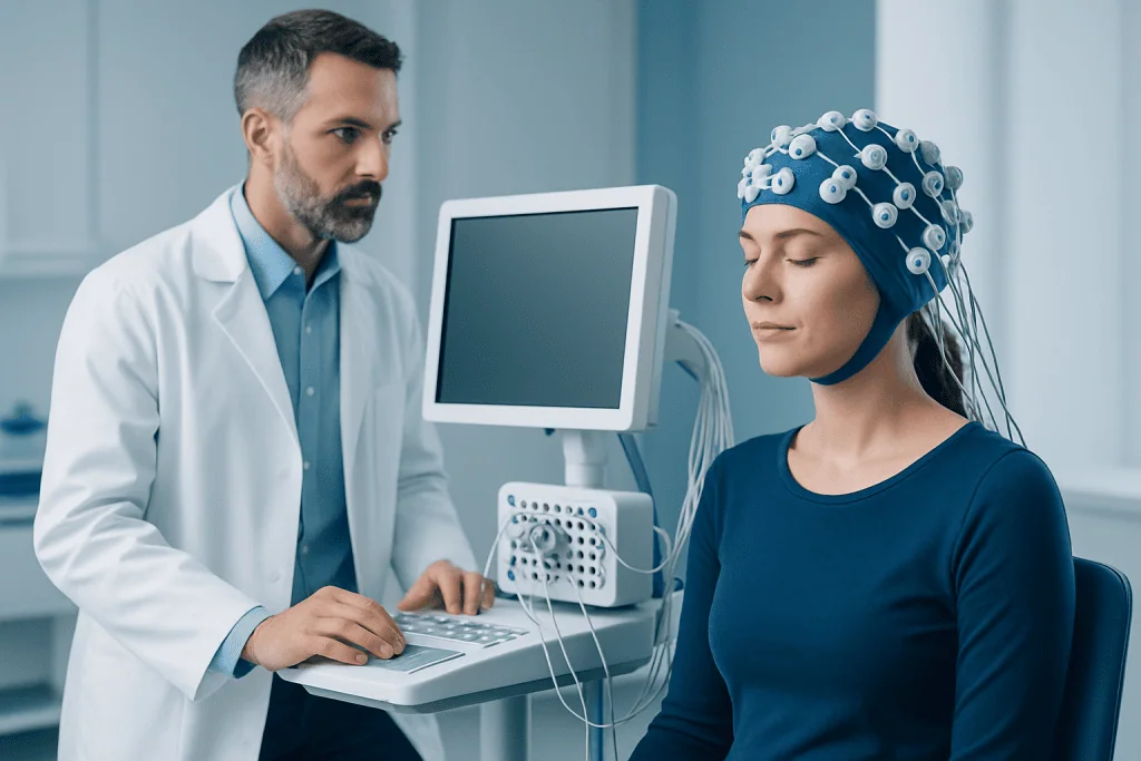 Patient undergoing a neurological test with medical professional at Acibadem Hospital.