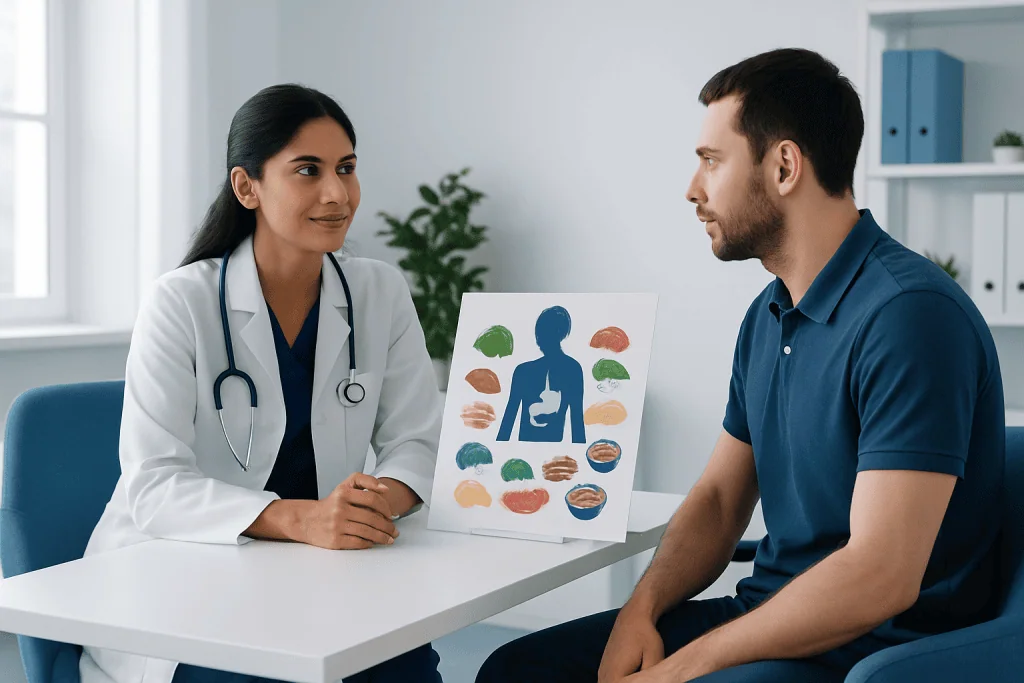 Doctor consulting patient about digestive health and iron-rich foods.