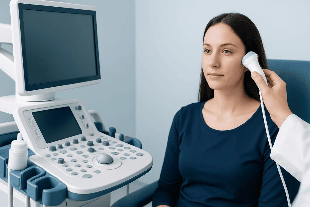 Medical professional performing an ultrasound on a woman patient.