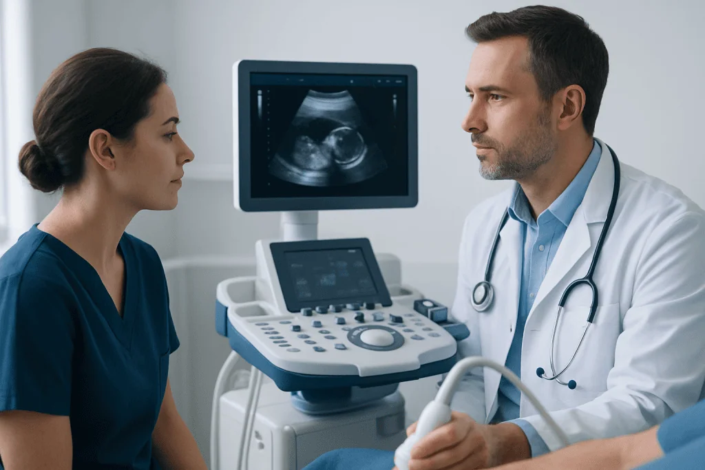 Doctor and patient during ultrasound examination at Acibadem Hospital.