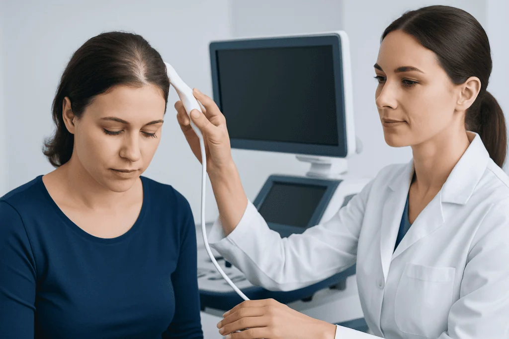 Doctor examining patient's scalp with ultrasound device in clinic setting.