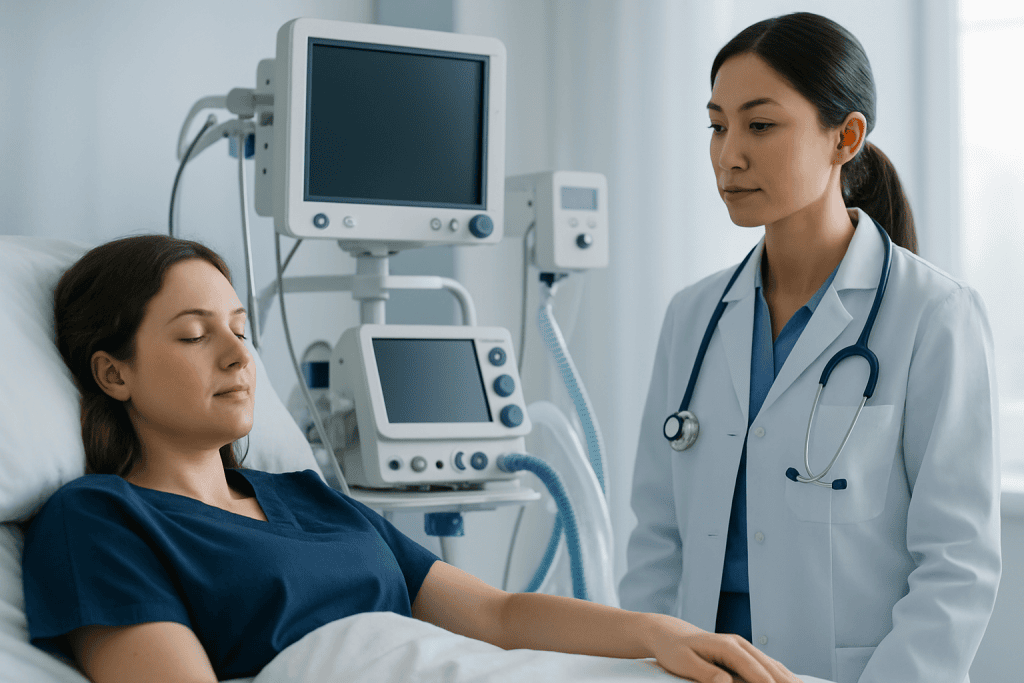 Medical professional monitoring patient in hospital room with medical equipment.