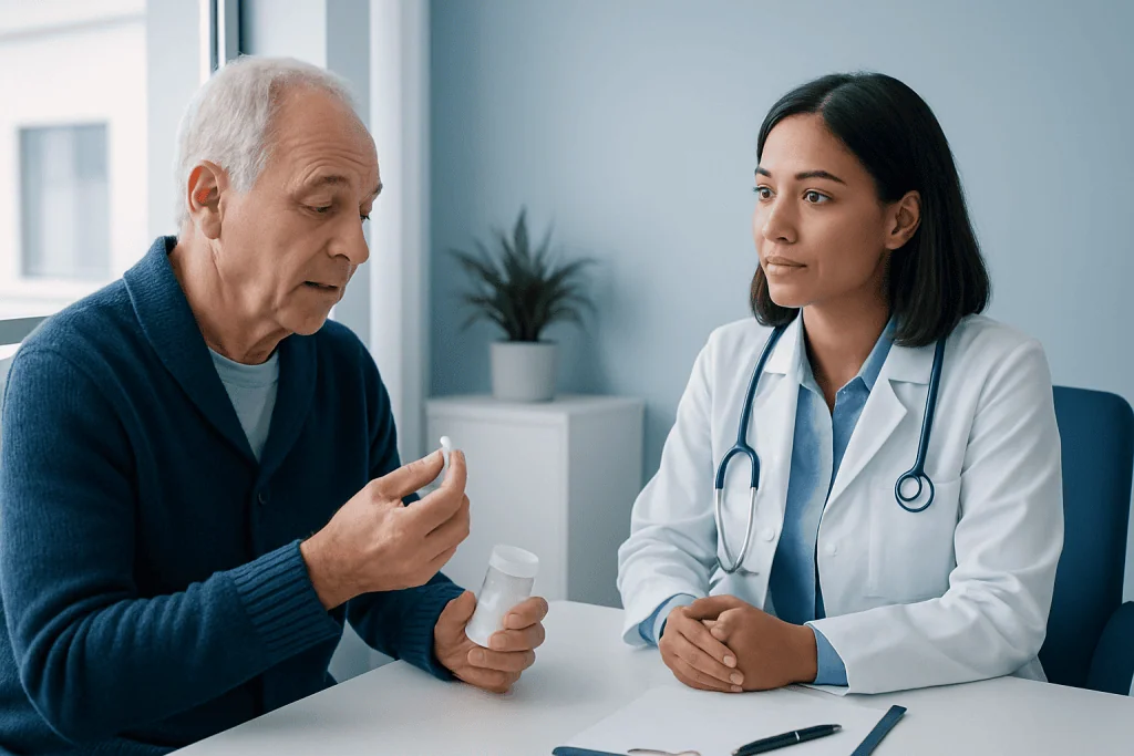 Doctor explaining medication to elderly patient in clinic setting.