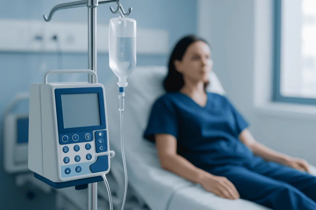 Patient in hospital bed with IV drip and medical monitor in background.