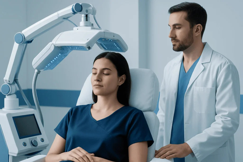 Patient receiving skin treatment with advanced medical equipment at Acibadem Hospital.