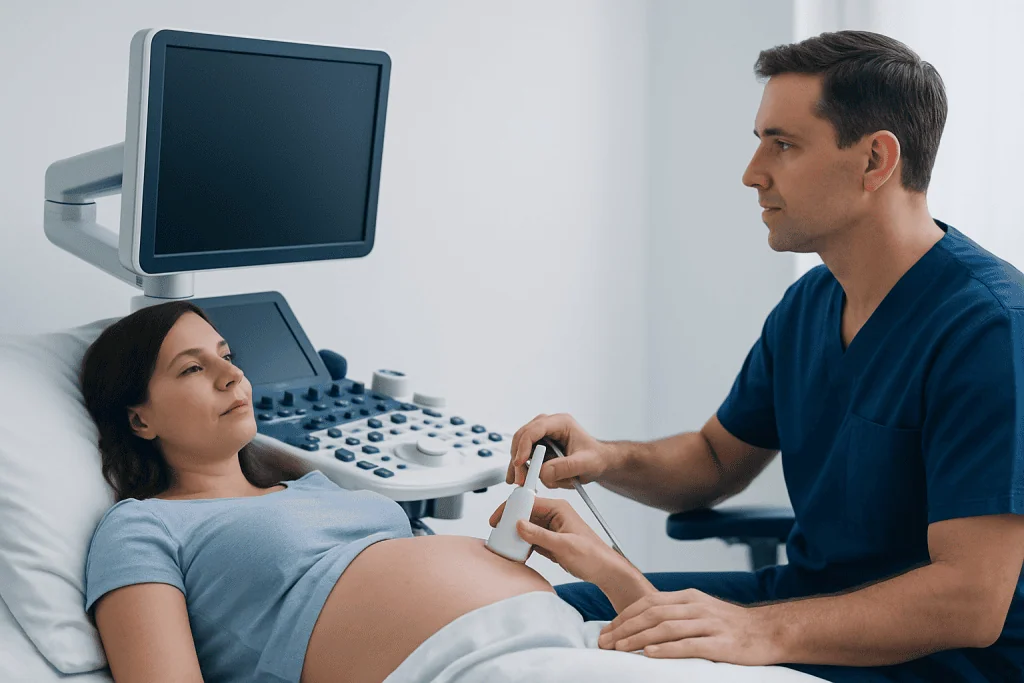 Doctor performing ultrasound on pregnant woman in hospital room.