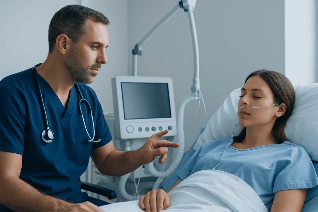 Doctor consulting with a patient in a hospital bed.