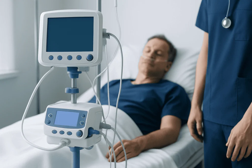 Patient in hospital bed connected to medical monitoring equipment.