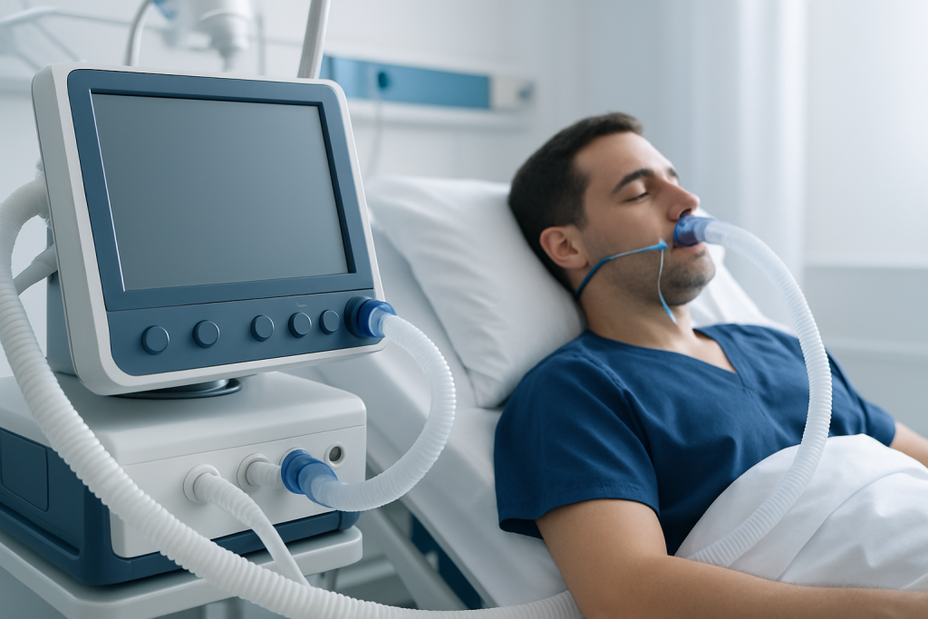 Patient on ventilator in hospital bed with medical monitor nearby.