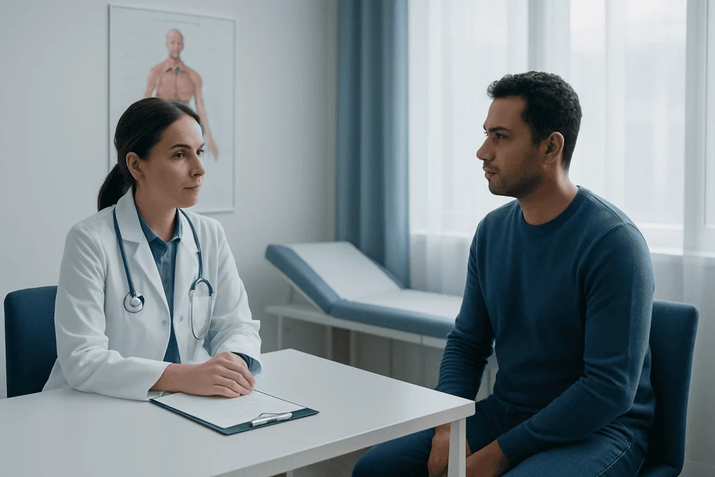 Doctor consulting with male patient in a medical office.