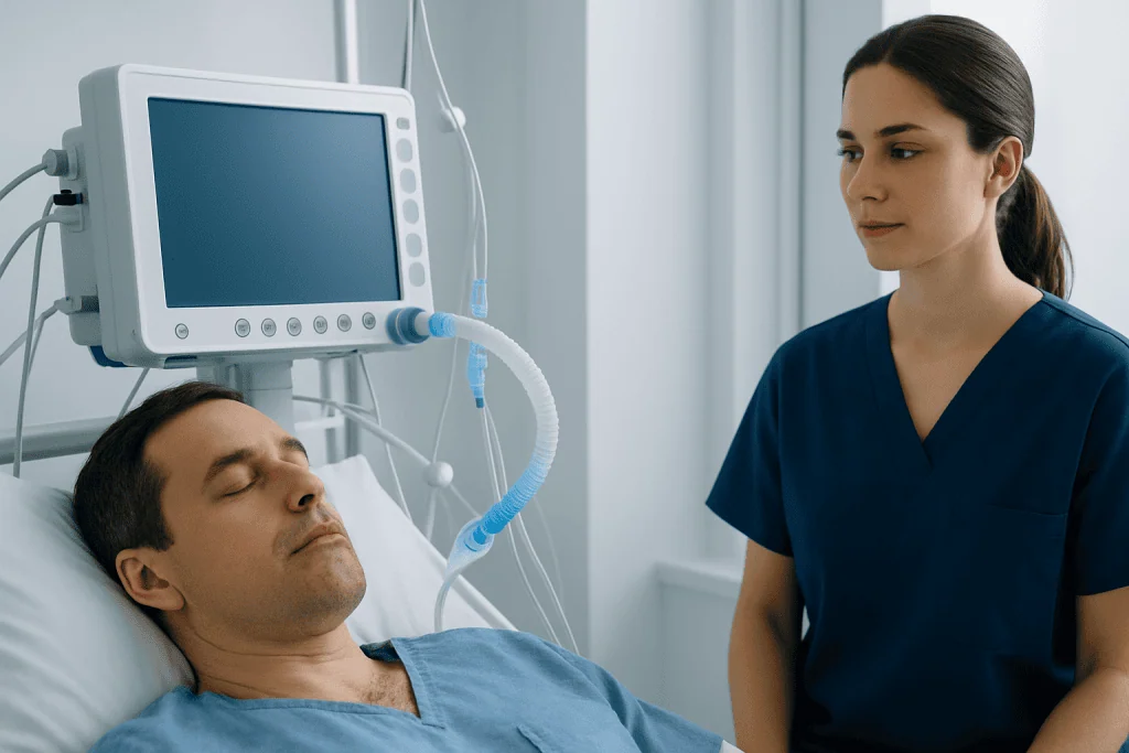 Patient in hospital bed with medical monitor and healthcare professional nearby.
