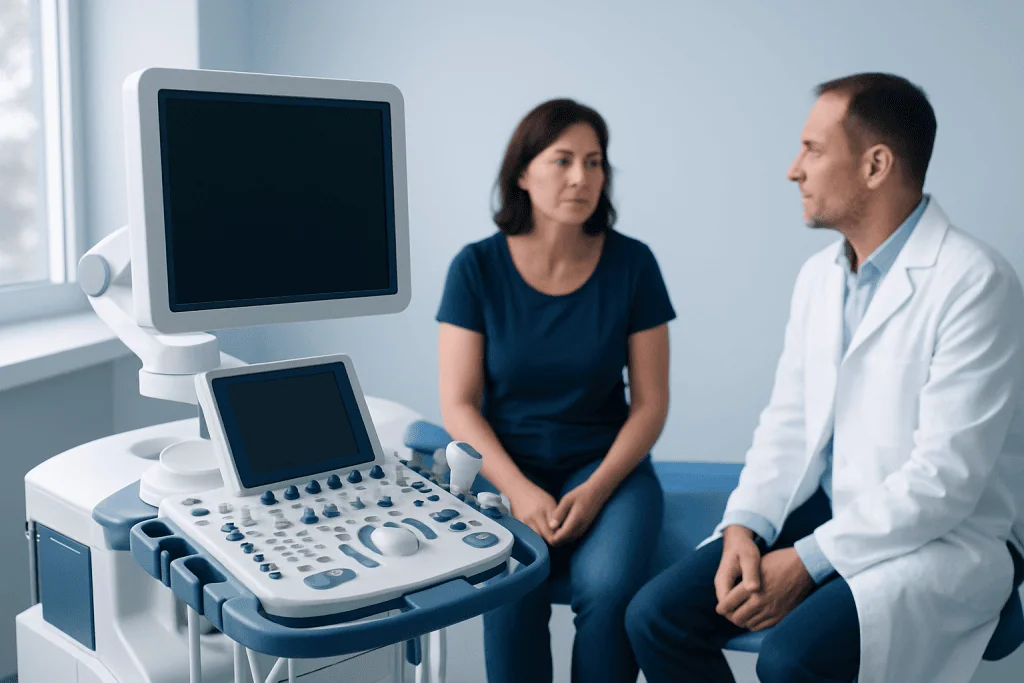 Doctor and patient discussing medical results in a hospital room.
