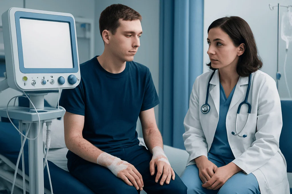 Doctor consulting with a young patient in hospital room.