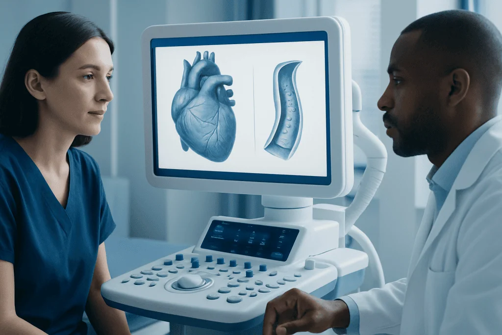 Medical professionals review heart and blood vessel scans on ultrasound monitor.