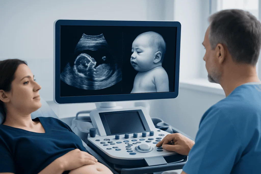 Ultrasound scan of a fetus showing a cystic hygroma in the neck area.