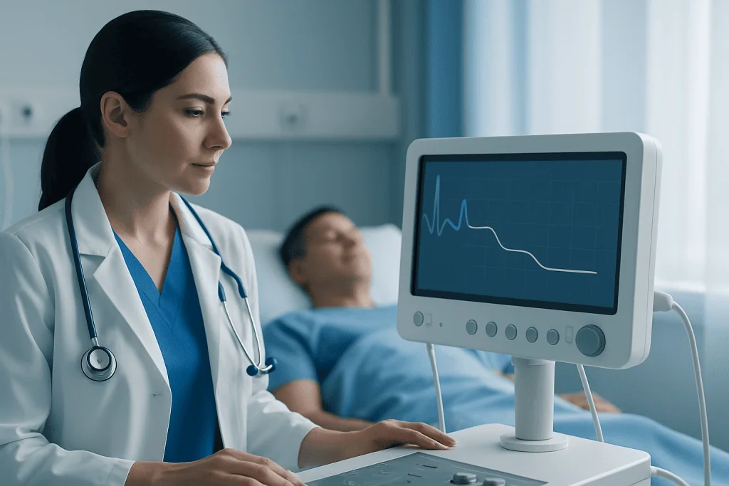 Cardiologist monitoring heart activity of a patient in hospital.