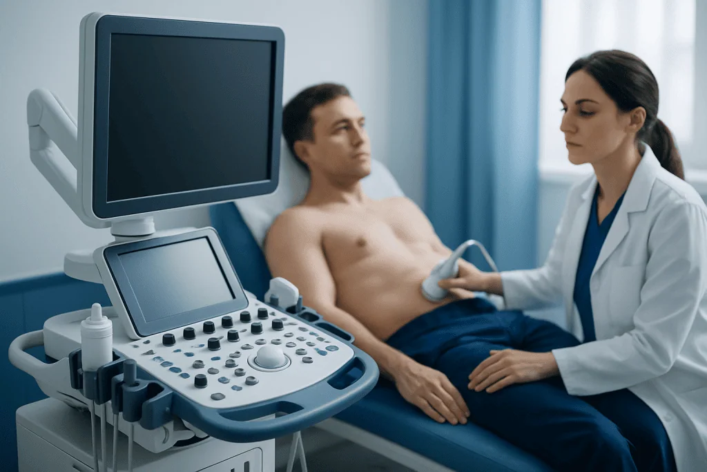 Doctor performing an ultrasound examination on a male patient in a hospital room.