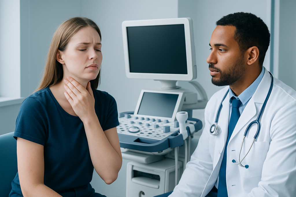 Patient experiencing throat discomfort during medical consultation at Acibadem Hospital.