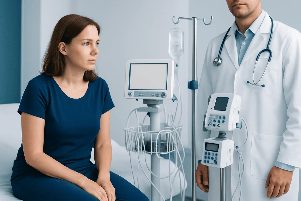 Patient in consultation with doctor in a medical examination room.