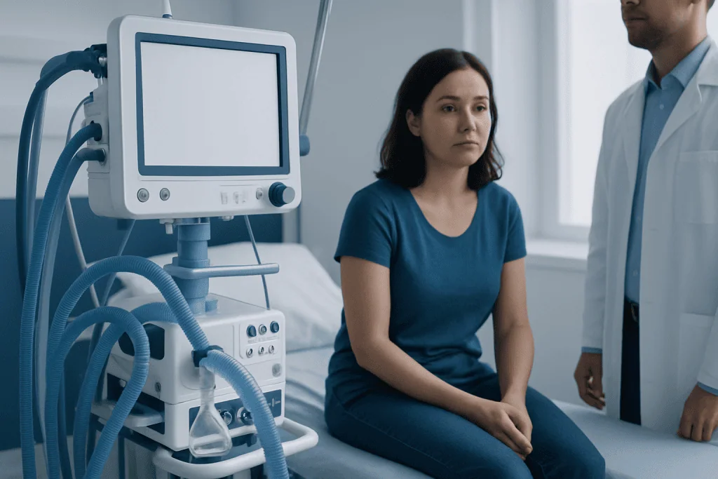 Patient in hospital room with medical monitor and healthcare professional.
