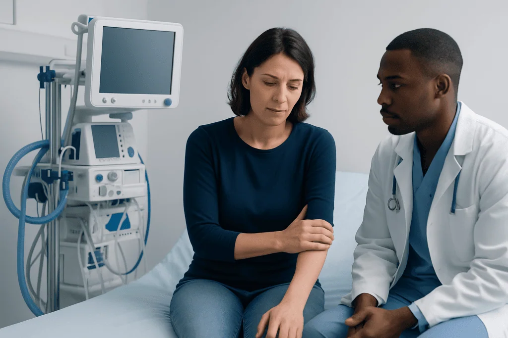 Doctor consulting with a patient about left arm paresthesia in hospital room.