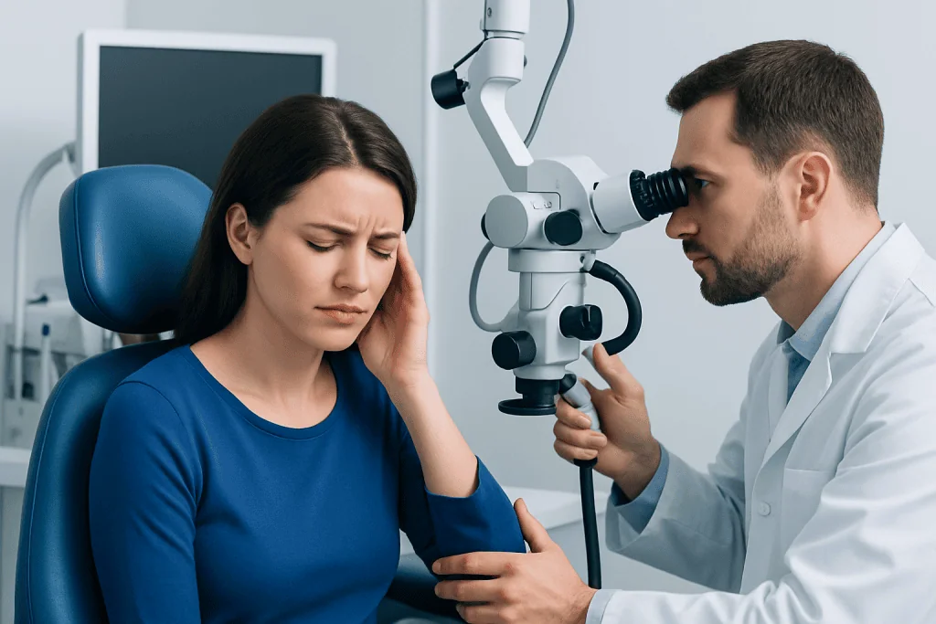 Doctor examining patient's ear with a microscope in a clinic setting.