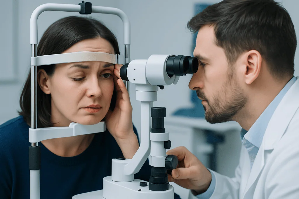 Ophthalmologist examining patient's eye with slit lamp in clinic.