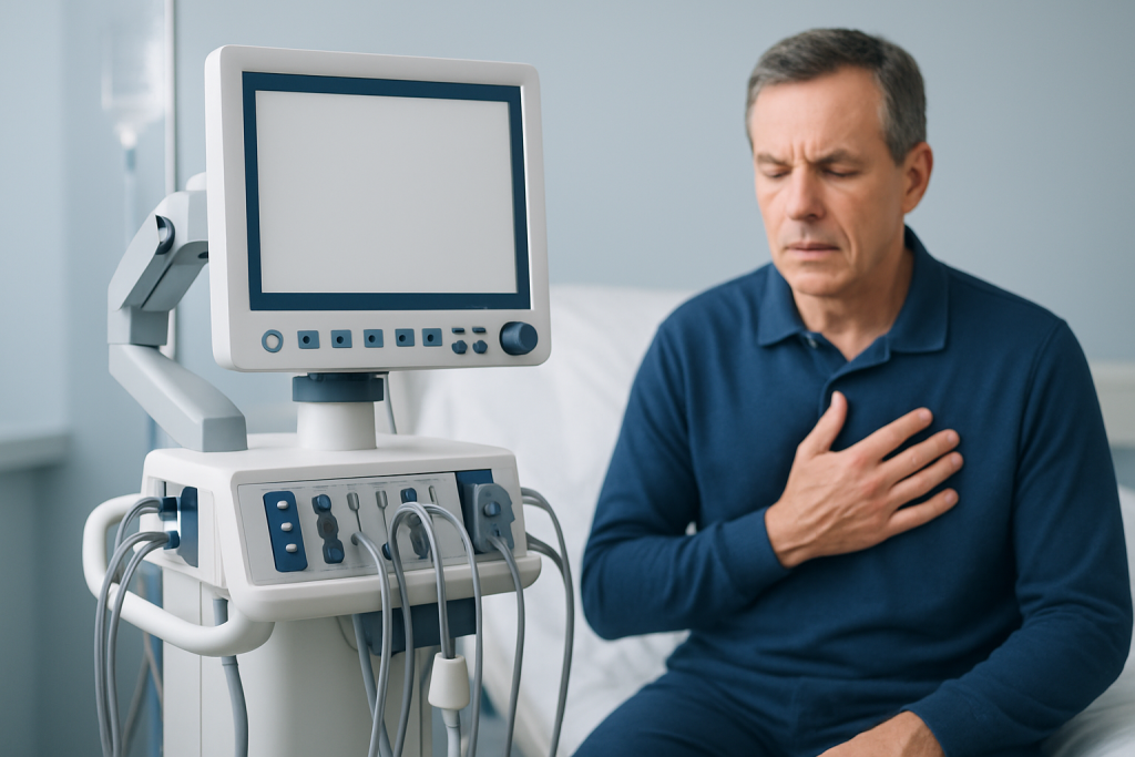 Man experiencing chest pain during a medical examination at a hospital.