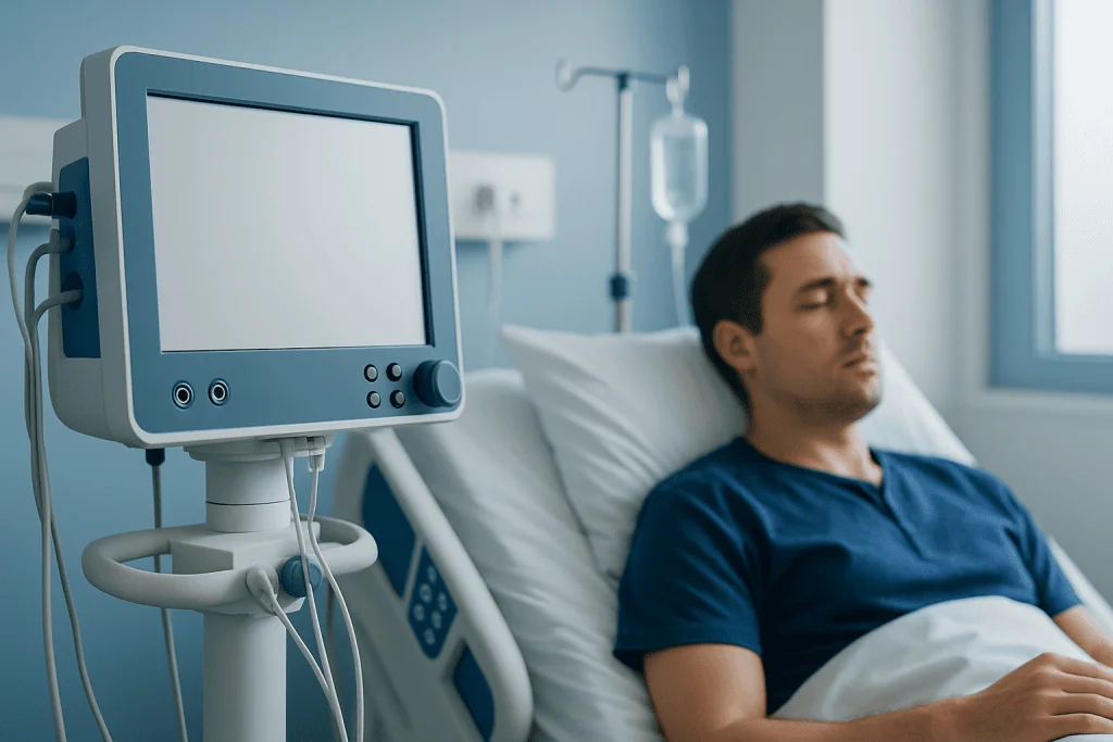 Patient resting in hospital bed with medical monitor nearby.