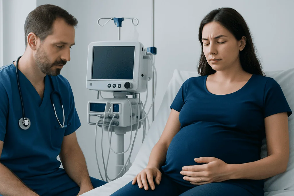 Pregnant woman in hospital with doctor and medical equipment.