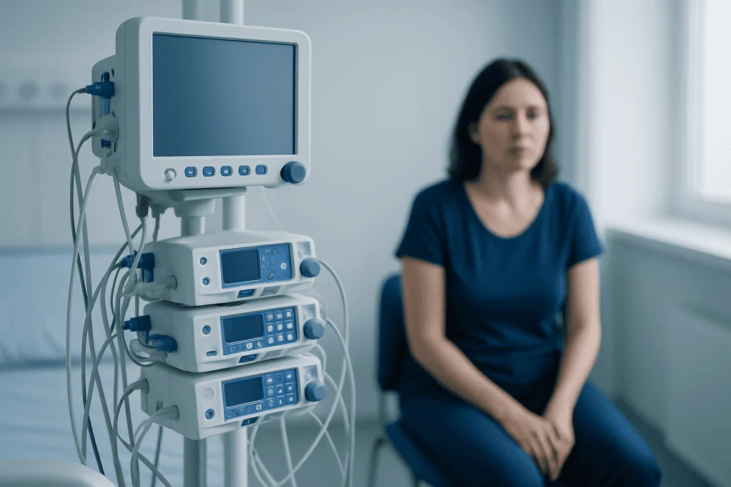 Patient in hospital room with medical monitors and equipment.