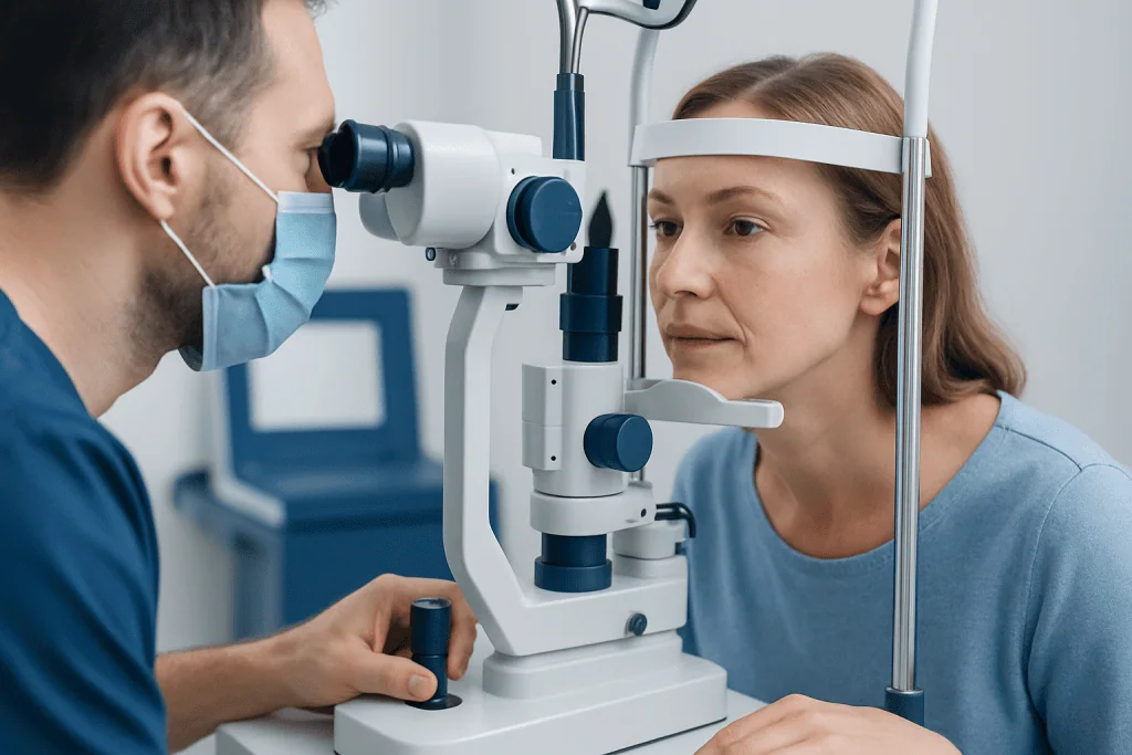 Optometrist examining woman's eyes with slit lamp in clinic.