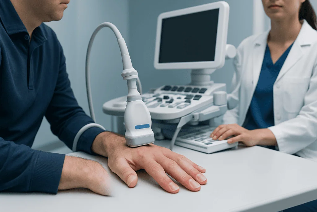Medical examination of fingertips using ultrasound device at Acibadem Hospital.